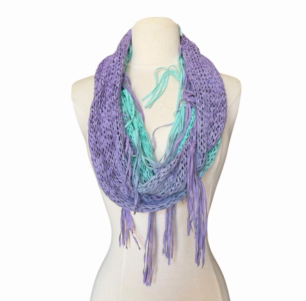Handmade Mesh Knit Infinity Scarf Fringe Drop Stitch Cowl Fringe Lavender Aqua
